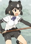  :o animal_ears ankle_boots bear_ears bear_girl bear_paw_hammer bear_tail bike_shorts black_footwear black_gloves black_hair black_skirt blue_neckwear blue_ribbon boots brown_bear_(kemono_friends) brown_eyes collared_shirt commentary dot_nose elbow_gloves extra_ears eyebrows_visible_through_hair eyelashes fang fingerless_gloves fingernails gloves grey_hair groin holding holding_weapon kemono_friends leg_lift looking_away multicolored_hair neck_ribbon open_mouth outdoors pleated_skirt ribbon sanpaku satsuyo shiny shiny_clothes shiny_hair shirt short_hair short_sleeves shorts shorts_under_skirt signature skirt skirt_lift solo tail tareme v-shaped_eyebrows weapon white_shirt wing_collar 