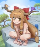  1girl 4th_lol :3 barefoot bikini bird bird_on_horn blush chain cliff flat_chest highres horns ibuki_suika long_hair micro_bikini oni solo squatting swimsuit touhou tree 