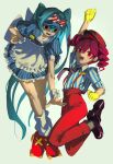  2girls alternate_costume ankle_socks apron arm_up black_necktie black_shoes blue_dress blue_hair blue_hat blush bow buttons clenched_hand collared_dress collared_shirt diagonal-striped_bow double-breasted dress drill_hair flat_chest floating_clothes floating_hair grey_background hair_between_eyes hand_on_own_hip hat hat_bow hatsune_miku highres jiuhez jumping kasane_teto kepi leaning_forward long_hair looking_at_viewer mesmerizer_(vocaloid) military_hat multiple_girls necktie open_mouth outstretched_arm pants pinstripe_dress pinstripe_hat pinstripe_pattern puffy_short_sleeves puffy_sleeves red_bow red_eyes red_hat red_pants red_shoes roller_skates sailor_collar sharp_teeth shirt shoes short_sleeves skates sleeves_rolled_up socks solid_circle_eyes striped_clothes striped_shirt suspenders sweatdrop teeth tongue tongue_out twin_drills twintails two-tone_bow utau variant_set very_long_hair vocaloid waist_apron white_apron white_bow white_sailor_collar white_socks white_wrist_cuffs wing_collar wrist_cuffs 