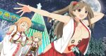  3girls :d ahoge armpits bare_shoulders blonde_hair blush breasts brown_eyes brown_hair building christmas city cleavage collarbone double_bun drawn_on_eyes earrings full_moon game_cg hair_between_eyes hair_bun hair_ornament hairclip hakama hakama_skirt hanabi_(senran_kagura) highres japanese_clothes jewelry kafuru_(senran_kagura) lamppost large_breasts laughing long_hair long_sleeves low_twintails medium_breasts mikagura_uniform miko moon multiple_girls navel night night_sky non-web_source official_art open_mouth outdoors purple_eyes red_hakama renka_(senran_kagura) ribbon senran_kagura senran_kagura_estival_versus short_hair skirt sky skyscraper smile star_(sky) starry_sky tears tree twintails wide_sleeves yaegashi_nan 