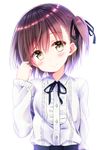  black_ribbon blush brown_eyes brown_hair commentary_request dosu_(yodosu) eyebrows_visible_through_hair hair_between_eyes head_tilt long_sleeves looking_at_viewer neck_ribbon one_side_up original ribbon shiny shiny_hair smile solo upper_body 