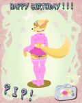 4:5 abstract_background absurd_res anonymous_artist anthro birthday bottomwear butt camera camera_flash clothing collar exposed exposed_butt exposed_hips eyewear footwear glasses hi-rez_studios hi_res legwear looking_back male male/male open_mouth paladins_(game) picture_taking pink_bottomwear pink_clothing pink_skirt pink_sweater pink_topwear pip_(paladins) rear_view round_glasses shocked short simple_background skirt socks solo sweater thigh_highs thigh_socks toony topwear vulpin