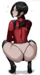  1girl ada_wong aelion_draws asian ass back black_boots black_hair black_panties black_shoes boots breasts brown_eyes dress from_behind gun harness high_heel_boots high_heels highleg highleg_panties highres holding holding_gun holding_weapon holster long_sleeves looking_at_viewer looking_back panties red_dress red_sweater resident_evil resident_evil_4 resident_evil_4_(remake) shoes short_hair shoulder_blades shoulder_holster simple_background smile solo squatting string_panties sweater sweater_dress thigh_boots thighhighs thighs thong turtleneck turtleneck_dress underwear weapon white_background 