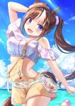  1girl :d absurdres animal_ears bare_shoulders bead_necklace beads bikini_top_on_head boater_hat brown_hair ears_through_headwear hair_ornament hair_scrunchie hat highres hokko_tarumae_(pastel_marine_locadol)_(umamusume) hokko_tarumae_(umamusume) horse_ears horse_girl horse_tail jewelry leg_up long_hair looking_at_viewer necklace official_alternate_costume official_alternate_hairstyle overall_skirt overalls purple_eyes purple_scrunchie scrunchie see-through_bag side_ponytail signature smile solo striped_hair tail tilted_headwear umamusume white_hair yellow_hat yellow_overalls yoru_usagi 