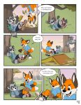 ailurid anthro art_(pandapaco) bear biro_(pandapaco) bottomwear canid canine cheek_tuft clothed clothing comic detailed_background dialogue dipstick_tail english_text extended_arm eyes_closed eyewear facial_tuft feet_together fell_down footwear fox fully_clothed furniture giant_panda gloves_(marking) hand_on_own_head hi_res male mammal markings mud murid murine notebook one_eye_closed pandapaco plant procyonid raccoon rodent scared_face shoes smile speech_bubble tail tail_markings text topwear tree tuft