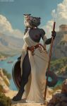 absurd_res anthro athena_(deity) avian bird black_body black_fur breasts clothing detailed_background digital_media_(artwork) european_mythology felid feline fur greek_mythology gynomorph hi_res holding_object holding_weapon intersex looking_at_viewer mammal melee_weapon mythology one_breast_out owl pantherine polearm ruberoidart shield shirt smile solo spear standing topwear tris_(myaut) tunic weapon