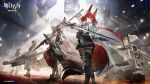  4girls animal_ears arena arknights armor ashlock_(arknights) brown_eyes brown_hair chainmail chinese_commentary commentary_request copyright_logo copyright_notice ear_armor fartooth_(arknights) flametail_(arknights) gambeson gauntlets greaves highres holding holding_polearm holding_sword holding_weapon justice_knight_(arknights) kexue lance multiple_girls official_art pauldrons polearm pouch red_eyes red_hair robot shield shoulder_armor sword tail vambraces visor_(armor) weapon wild_mane_(arknights) 