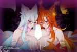 1boy 2girls @_@ ass bare_shoulders blue_gloves blue_hair breast_press breasts censored choker collarbone commission cooperative_paizuri cum cum_on_body cum_on_breasts cum_on_hair elbow_gloves english_commentary facial ffm_threesome fox_girl gloves glowing glowing_heart glowing_penis group_sex hair_ornament hetero highres huge_breasts hypnosis indie_virtual_youtuber large_variant_set long_hair looking_at_viewer mind_control multicolored_hair multiple_girls orange_hair orange_tail paizuri penis ryncka smug_alana snowflake_hair_ornament symmetrical_docking teamwork_(sexual) threesome two-tone_hair variant_set virtual_youtuber white_hair white_tail 
