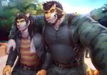 2021 absurd_res akimori_(myokuju) anthro arm_around_shoulders artist_logo beard black_claws black_clothing black_hair black_jacket black_topwear blue_eyes camera camo camo_clothing camo_print camo_shirt camo_topwear claws clear_sky clothing day duo facial_hair fangs father_(lore) father_and_child_(lore) father_and_son_(lore) felid finger_claw forest fur green_camo hair hi_res holding_camera holding_object jacket logo long_hair looking_at_viewer male mammal markings michael_(myokuju) multicolored_body multicolored_fur one_eye_closed outside pantherine parent_(lore) parent_and_child_(lore) parent_and_son_(lore) pattern_clothing pattern_shirt pattern_topwear physen plant red_stripes sabertooth_(anatomy) scarf shirt sky son_(lore) striped_clothing striped_markings striped_shirt striped_tail striped_topwear stripes tail tail_markings taking_picture taking_selfie teeth tiger topwear tree two_tone_body two_tone_fur watermark white_body white_fur white_scarf wink yellow_body yellow_fur yellow_stripes