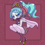  1girl bbbboour blue_eyes boots cape dress earrings final_fantasy final_fantasy_vi floral_border floral_print full_body gem gloves gold_trim green_hair hair_ribbon jewelry long_hair own_hands_together pantyhose pink_cape pink_pantyhose pixel_art ponytail red_background red_boots red_dress red_gemstone red_gloves red_ribbon ribbon sash solo terra_branford waist_sash 