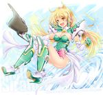  :d armor blonde_hair boots bow breasts bursting_breasts character_name elbow_gloves fingerless_gloves frills full_body ginga_ojou-sama_densetsu_yuna gloves green_armor green_footwear green_gloves green_leotard high_heel_boots high_heels highres ichirino_minagi knee_boots large_breasts leotard long_hair mecha_musume open_mouth pauldrons pink_bow shiny shiny_skin shiratori_miki smile solo yellow_eyes 