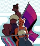 abstract_background anthro anthrofied artificer_(rain_world) bisexual_pride_colors duo entwined_tails facial_scar female hunter_(rain_world) lgbt_pride lgbt_pride_month midriff one_eye_closed pashoo pride_color_flag pride_colors rain_world sarong scar sitting slugcat slugcat_humanoid spread_legs spreading standing tail tail_coil transgender_pride_colors videocult wink