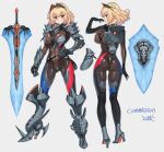 1girl armored_bodysuit blonde_hair bodysuit breasts brown_eyes commission gauntlets hand_on_own_hip headgear high_heels hip_armor impossible_bodysuit impossible_clothes large_breasts looking_at_viewer medium_hair multiple_views original reference_sheet shield skeb_commission skin_tight smile sword takada_kazuhiro weapon white_background 