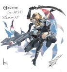  1girl absurdres aircraft airplane blonde_hair character_name fighter_jet full_body gloves high_heels highres holding holding_sword holding_weapon kerry_leng long_hair looking_at_viewer mecha_musume military_vehicle missile original parted_lips personification signature su-30 sword thighhighs war_thunder weapon 