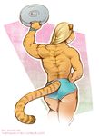  2014 anthro blonde_hair blue_eyes clothed clothing exercise feline female hair hybrid keely_(character) liger lion looking_at_viewer looking_back mainlion mammal markings muscular muscular_female partially_clothed shorts solo tiger topless watch weightlifting weights workout 