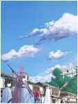  6+girls animal_ears arisaka black_hair blue_archive blue_sky bolt_action building cat_ears cat_girl cloud commentary_request desuyone0502 flower gun hair_flower hair_ornament halo haori highres horns hyakkaryouran_(blue_archive) hyakkiyako_alliance_academy_student_(blue_archive) japanese_clothes kikyou_(blue_archive) long_hair looking_to_the_side multiple_girls nagusa_(blue_archive) open_mouth outdoors ponytail purple_hair red_hair renge_(blue_archive) rifle scenery short_hair single_horn sky torii tree weapon white_hair yukari_(blue_archive) 