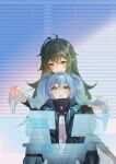  ! +++ 2girls absurdres antenna_hair arknights blue_hair blush coat crocodilian_tail doctor_(arknights) eye_contact female_doctor_(arknights) gavial_(arknights) green_eyes green_hair grin hair_ornament highres holding_another&#039;s_hair holographic_interface looking_at_another mask moozsilent mouth_mask multiple_girls open_mouth pointy_ears shirt sidelocks sitting slime_hair smile spoken_exclamation_mark standing tail twintails white_shirt yellow_eyes 