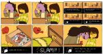 absurd_res ambiguous_gender black_eyes blush blush_lines bodily_fluids bottomwear brown_bottomwear brown_clothing brown_hair brown_pants clenched_teeth clothed clothing comic deltarune dragon drawer english_text exclamation_point female flower freckles green_clothing green_jacket green_topwear hair hair_over_eyes hand_in_pocket heart_symbol hi_res humor jacket kris_(deltarune) long_hair long_sleeves looking_away magazine mythological_creature mythological_scalie mythology pants pattern_clothing pattern_shirt pattern_topwear plant pockets purple_body purple_skin reference_image scalie screencap sharp_teeth shirt soul soul_(undertale) spoiledart striped_clothing striped_shirt striped_topwear stripes susie_(deltarune) sweat sweatdrop tan_clothing tan_shirt tan_topwear teeth text topwear undertale_(series) yellow_body yellow_sclera yellow_skin yellow_teeth
