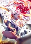  1girl absurdres armor black_pants capelet eris_greyrat floating_hair highres holding holding_sword holding_weapon knee_pads leather_armor long_hair mushoku_tensei open_mouth pants red_eyes red_hair shirt solo sword very_long_hair weapon white_capelet white_shirt yuzuyu010 