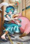  1girl blue_eyes blue_hair blue_pants blue_sailor_collar blush breasts bright_pupils capri_pants closed_mouth fishing_rod gold_hairband hairband highres lana_(pokemon) mud one-piece_swimsuit orange_mikan pants pokemon pokemon_(creature) pokemon_sm rotom rotom_(wash) sailor_collar shirt short_hair sleeveless slowpoke small_breasts smile swimsuit swimsuit_under_clothes towel wave_print wiglett yellow_hairband 