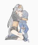  2girls black_socks blue_shirt blush braid chinese_clothes closed_eyes facing_another fu_hua fu_hua_(valkyrie_accipiter) grey_background grey_hair hair_ornament half_up_braid herrscher_of_sentience highres honkai_(series) honkai_impact_3rd hug kiss long_hair multiple_girls pants pelvic_curtain seiza shirt simple_background sitting socks tya_tya_3rd yuri 