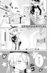  ^_^ ahenn breasts chopping closed_eyes comic cooking cup cutting_board food gloves greyscale hat highres kantai_collection kitchen_knife large_breasts military military_uniform monochrome onion peaked_cap pot prinz_eugen_(kantai_collection) refrigerator smile soup steam tasting translated twintails uniform 