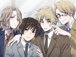  4boys ahoge america_(hetalia) artist_name axis_powers_hetalia black-framed_eyewear black_necktie blonde_hair blue_eyes blue_jacket blue_necktie blunt_ends blush brown_eyes brown_hair brown_jacket brown_vest buttons closed_mouth collared_shirt commentary_request facial_hair finger_to_cheek formal_clothes france_(hetalia) glasses green_eyes grey_background grey_jacket haruki_chise jacket japan_(hetalia) lapels long_sleeves looking_at_another looking_at_viewer male_focus multiple_boys necktie one_eye_closed open_clothes open_jacket open_mouth purple_eyes red_necktie semi-rimless_eyewear shirt short_hair simple_background smile striped_clothes striped_shirt suit_jacket united_kingdom_(hetalia) upper_body vertical-striped_clothes vertical-striped_shirt vest white_shirt yellow_jacket 