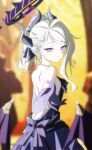  1girl absurdres anime_coloring arm_at_side back back_bow backless_dress backless_outfit bat_wings bead_choker beads beckoning black_halo blue_archive blurry blurry_background bow breasts butt_crack closed_mouth curled_horns demon_girl demon_horns demon_wings depth_of_field dress dusk_ming earrings elbow_gloves evening_gown gem gloves grey_horns hair_behind_ear halo hand_up high_ponytail highres hina_(blue_archive) hina_(dress)_(blue_archive) horns indoors jewelry light_smile looking_at_viewer median_furrow multiple_horns ponytail purple_bow purple_dress purple_eyes purple_gemstone purple_gloves purple_wings sideboob single_hair_intake single_sidelock slit_pupils small_breasts solo spiked_halo split_mouth upper_body white_hair wings 