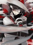  1girl bandage_over_one_eye belt black_belt black_hair bob_cut coat gree_n limbus_company looking_at_viewer oxygen_mask oxygen_tank project_moon red_background red_eyes ryoshu_(project_moon) short_hair simple_background smoking solo standing straitjacket thoracalgia_(e.g.o) upper_body white_coat 
