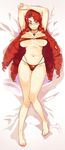  arms_up belly bikini blush breasts cleavage drill_hair jewelry large_breasts long_hair looking_at_viewer lying navel necklace on_back original red_bikini red_hair suruga_kreuz swimsuit tears thick_eyebrows yellow_eyes 