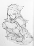  1girl absurdres arknights boots closed_mouth commentary crossed_arms expressionless frostleaf_(arknights) full_body graphite_(medium) greyscale hat hatching_(texture) highres jacket knee_boots linear_hatching long_hair long_sleeves looking_at_viewer monochrome senpuki solo squatting tail traditional_media 