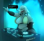 anthro armwear big_butt breasts butt clothed clothing curvy_figure dialogue electronics female fish hair hair_over_eyes headgear headphones headset hi_res in_heat_(game) marine misty_(in_heat) photolol.03 shark simple_background solo text thick_thighs wide_hips