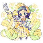  1girl :d alternate_costume black_eyes black_hair blush bow bowtie brown_shoes dress fork full_body giant_fork highres holding holding_fork looking_at_viewer mipokec open_mouth orange_bow orange_bowtie pokemon pokemon_sv poppy_(pokemon) shoes short_hair smile socks solo teeth twitter_username upper_teeth_only white_socks 