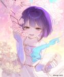  1girl :d bare_shoulders blue_eyes blue_fire breasts cherry_blossoms cleavage collarbone commentary_request dress fire floating_hair flower frilled_wrist_cuffs frills ghost_girl hands_up holding holding_flower indie_utaite konkon_tamashii light_blush looking_at_viewer lower_teeth_only medium_breasts medium_hair open_mouth outdoors pink_dress purple_hair sg_(under_siiiiii) single_wrist_cuff smile solo teeth wrist_cuffs 