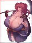  1girl arm_tattoo blue_dress border breasts cleavage closed_mouth collarbone covered_nipples cropped_legs dated dress elun_(meido) fingerless_gloves gloves grin hair_bobbles hair_ornament highres holding holding_scythe huge_breasts looking_at_viewer obi onozuka_komachi red_eyes red_hair sash scythe short_sleeves single_fingerless_glove smile solo tattoo touhou two_side_up white_background wide_sleeves 