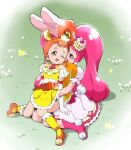  2girls animal_ears arisugawa_himari bad_id bare_shoulders blush boots bug butterfly commentary_request cure_custard cure_whip curly_sidelocks day dress earrings elbow_gloves frilled_dress frills gloves hand_under_dress high_ponytail highres implied_fingering jewelry kirakira_precure_a_la_mode long_hair magical_girl multiple_girls on_ground one_eye_closed open_mouth orange_hair orange_shoes outdoors pink_boots pink_dress pink_eyes pink_hair ponytail precure puffy_short_sleeves puffy_sleeves rabbit_ears rabbit_girl shoes short_bangs short_sleeves sitting socks squirrel_girl twintails usami_ichika white_gloves yakizakana_(yakizakana10967) yellow_dress yellow_socks yuri 