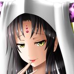  black_hair closed_mouth commentary_request facial_mark fate/extra fate/extra_ccc fate_(series) finger_licking forehead_mark horns licking long_hair looking_at_viewer portrait rebaria sesshouin_kiara smile solo tongue tongue_out veil yellow_eyes 