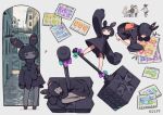  6+girls ? aqua_bow bag black_hair bob_cut bow chibi city copyright_logo copyright_notice drawing_(action) drawing_(object) drooling english_commentary hammer high_collar highres holding kuroboshi_kouhaku leg_tattoo lying multiple_girls official_art purple_bow second-party_source simple_background sleeping sleeves_past_fingers sleeves_past_wrists solo_focus standing tail tattoo tsurugihime white_background yuno_(tsurugihime) 