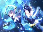 ass audio_jack black_gloves blue_hair blunt_bangs blush braid crown_braid dated eiyuu_densetsu fairy falcom from_behind gloves hair_ornament hand_up highres kuro_no_kiseki_(series) leg_up leotard looking_at_viewer looking_back mare_(eiyuu_densetsu) metal_belt open_mouth pointy_ears pommel_tassel purple_eyes shoes signature silver_shoes tassel thighhighs tinybiard twintails 
