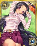  arms_up belt black_hair breasts card_(medium) hikage_eiji koihime_musou long_hair looking_at_viewer lying medium_breasts midriff navel official_art on_back red_eyes shirt shuutai skirt smile solo striped striped_shirt very_long_hair 