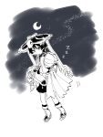  1boy 1girl absurdres anklet bloomers blunt_ends bodysuit cape carrying closed_mouth crescent_moon dress full_body genshin_impact greyscale hat highres japanese_clothes jewelry jingasa kimono leg_warmers leggings long_hair looking_at_another mandarin_collar monochrome moon nahida_(genshin_impact) night night_sky oishii_sasa outdoors pointy_ears princess_carry sandals scaramouche_(genshin_impact) shorts side_ponytail sidelocks sky sleeping socks star_(sky) starry_sky stirrup_footwear tsurime wanderer_(genshin_impact) wispy_bangs zouri zzz 