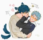  2boys alien_stage alternate_universe animal_ears arms_around_waist arms_up black_jacket black_shirt blue_eyes blue_hair brown_eyes collarbone commentary covering_another&#039;s_mouth crew_neck cropped_legs dog_ears dog_tail earrings english_text hair_between_eyes hand_over_another&#039;s_mouth hashtag-only_commentary heart highres hood hood_down hoodie ivan_(alien_stage) jacket jewelry joikzo kemonomimi_mode long_sleeves looking_at_another looking_to_the_side male_focus multiple_boys open_clothes open_jacket piercing shirt sideways_glance stud_earrings tail tail_wagging till_(alien_stage) white_background white_hoodie white_shirt yaoi 