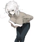  ... 1girl absurdres black_pants blue_eyes boobs_in_book_(meme) book breasts closed_mouth faust_(project_moon) highres holding holding_book kim_nyangpeon large_breasts limbus_company long_sleeves looking_at_viewer meme pants project_moon ribbed_sweater short_hair sidelocks simple_background solo speech_bubble sweater white_background white_hair 
