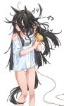  1girl ahoge animal_ears animal_print cat_ears cat_print drying drying_hair drying_own_hair ear_tag earrings eyes_visible_through_hair floating_hair hair_between_eyes hair_dryer highres holding holding_hair_dryer horse_ears horse_girl horse_tail jewelry long_bangs long_hair long_hair_between_eyes manhattan_cafe_(umamusume) messy_hair multicolored_hair nasknnaskn shirt short_sleeves simple_background single_earring single_off_shoulder solo t-shirt tail translation_request umamusume very_long_hair white_background white_hair white_shirt yellow_eyes 