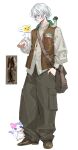  1boy absurdres bag baggy_pants blue_eyes breast_pocket brown_bag brown_pants brown_shoes brown_vest cat character_request closed_mouth collared_shirt commentary crossed_bangs earrings glasses hair_between_eyes hand_in_pocket hedgehog highres jewelry kaelix_debonair kaohom503 key key_necklace long_sleeves looking_at_another looking_down male_focus monkey necklace nijisanji nijisanji_en open_clothes open_vest pants pocket puffy_long_sleeves puffy_sleeves reference_inset round_eyewear satchel shirt shoes short_hair simple_background smile snake standing symbol-only_commentary vest virtual_youtuber watch white_background white_hair white_shirt wristwatch 