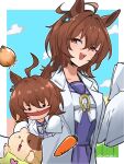  1girl :d agnes_tachyon_(umamusume) ahoge animal_ears border bow bowtie brown_hair carrot commentary_request earrings guinea_pig hair_between_eyes hand_puppet highres holding holding_paper horse_ears horse_girl horseshoe_ornament jewelry light_blush looking_at_viewer medium_hair messy_hair outside_border paper pleated_skirt puppet purple_sailor_collar purple_shirt purple_skirt red_eyes riko_(ri_cotta_c) sailor_collar school_uniform shirt sidelocks single_earring skirt sleeves_past_fingers sleeves_past_wrists smile solo tracen_school_uniform twitter_username umamusume upper_body white_border white_bow white_bowtie winter_uniform 