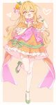  1girl ;3 blonde_hair blush border bow brown_background commentary commission crossed_bangs dress dress_bow fang floral_print food-themed_hair_ornament frilled_dress frills full_body green_bow green_shoes hair_between_eyes hair_bow hair_intakes hair_ornament hands_up heart heart_background heart_print highres jigatei_(omijin) long_hair looking_at_viewer one_eye_closed open_mouth orange_hair_ornament original outside_border print_dress shoes short_dress skeb_commission skin_fang smile solo standing standing_on_one_leg thighhighs white_border white_thighhighs yellow_dress yellow_eyes 