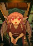  1girl 1other :d absurdres animal_ears apron bird_ears bird_wings black_apron black_headscarf brown_kimono building commentary_request doorway ekaapetto feathered_wings headscarf heart heart_in_eye highres holding_hands japanese_clothes kimono mystia_lorelei obi obijime okamisty open_mouth pink_hair pov pov_hands red_eyes sash short_hair short_sleeves smile solo_focus standing symbol_in_eye touhou window wings wooden_floor 