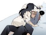  2girls ? akechi_(826988799) black_hair black_pants blush bound bound_wrists brown_hair character_request closed_mouth commentary_request glasses grey_shirt highres k-pop multiple_girls off_shoulder on_bed pants ponytail real_life shirt sleeves_rolled_up spoken_question_mark straddling stuffed_toy sweat white_shirt yuri 