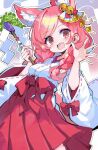  1girl animal_ear_fluff animal_ears armpits astral_party bell braid breasts detached_sleeves gohei hair_bell hair_ornament hands_up highres holding holding_gohei looking_at_viewer medium_breasts nontraditional_miko omochishiki open_mouth outline pink_eyes pink_hair pleated_skirt red_skirt shirt sidelocks simple_background skirt smile solo teru_(astral_party) torii twin_braids white_background white_shirt 